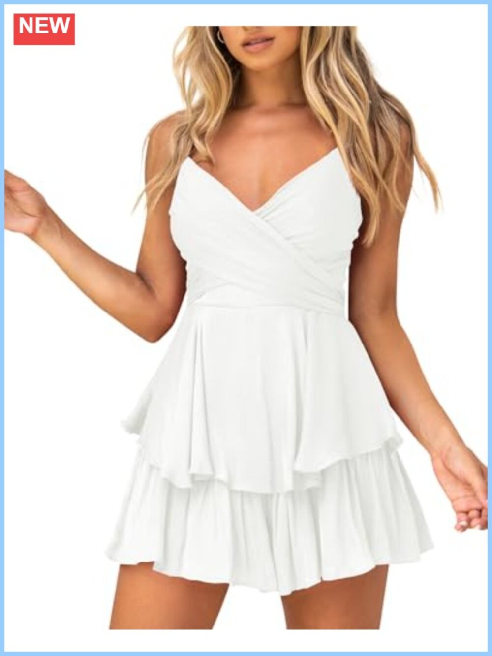 Women's Summer V-Neck Spaghetti Strap Waist Tie Ruffle Mini Dress